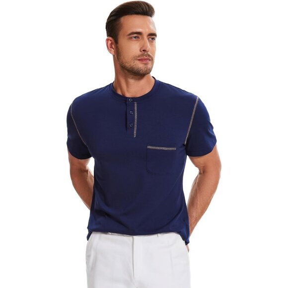 Men Short Sleeve Polo T Shirt Navey Blue Striped Casual Slim Fit Top - Picture 4 of 8